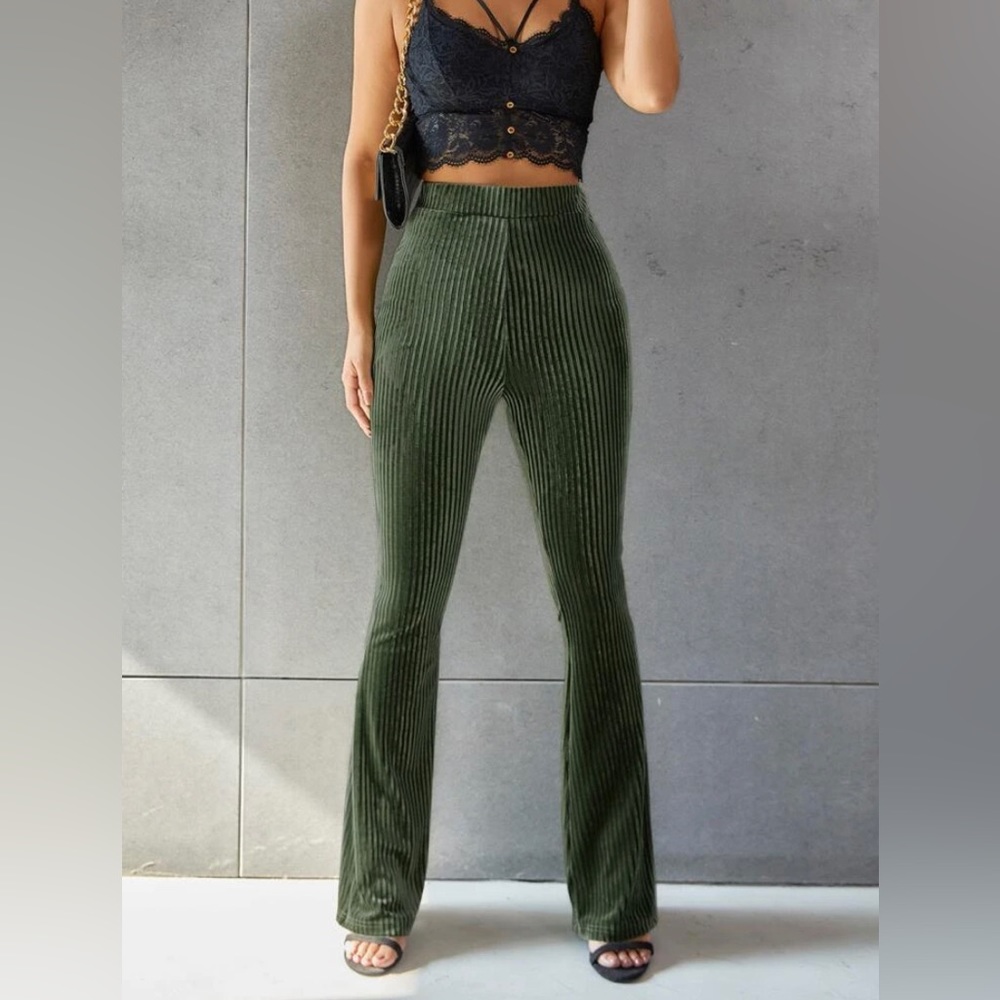 Green, ribbed, stretchy, flared pants
